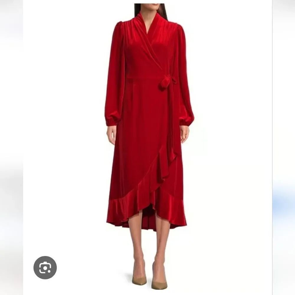 NWT Gibson Latimer Red Velour Tie Waist Wrap Dress Asymmetrical Flounce Hem SML